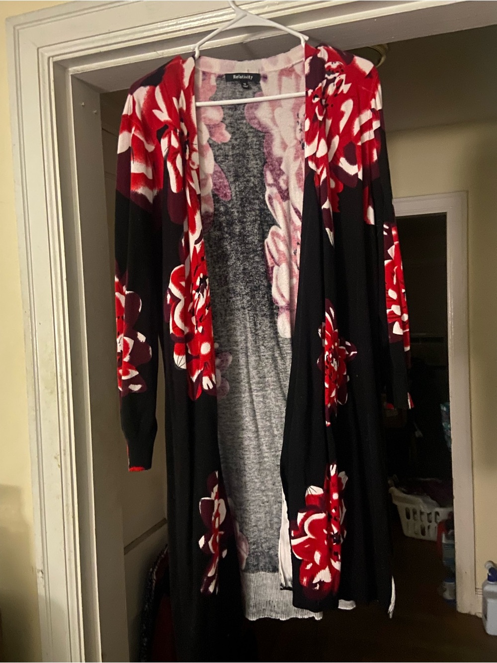 Relativity Women's Black Cardigan with Red and White Floral Print
